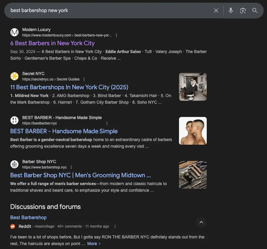 Google search results for best barbershop in New York