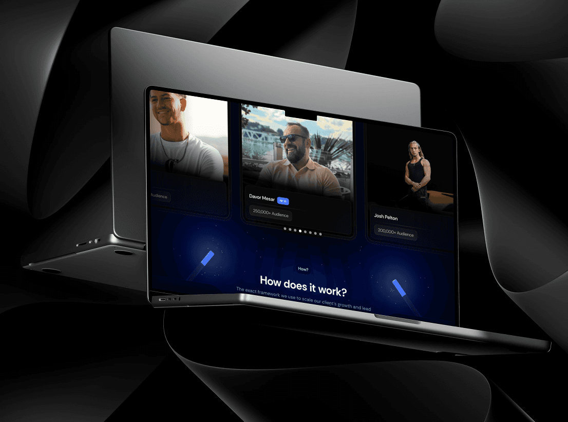 Two sleek, open laptops displayed against a dark, abstract background showcase a modern website interface featuring profile images and a section titled "How does it work?"