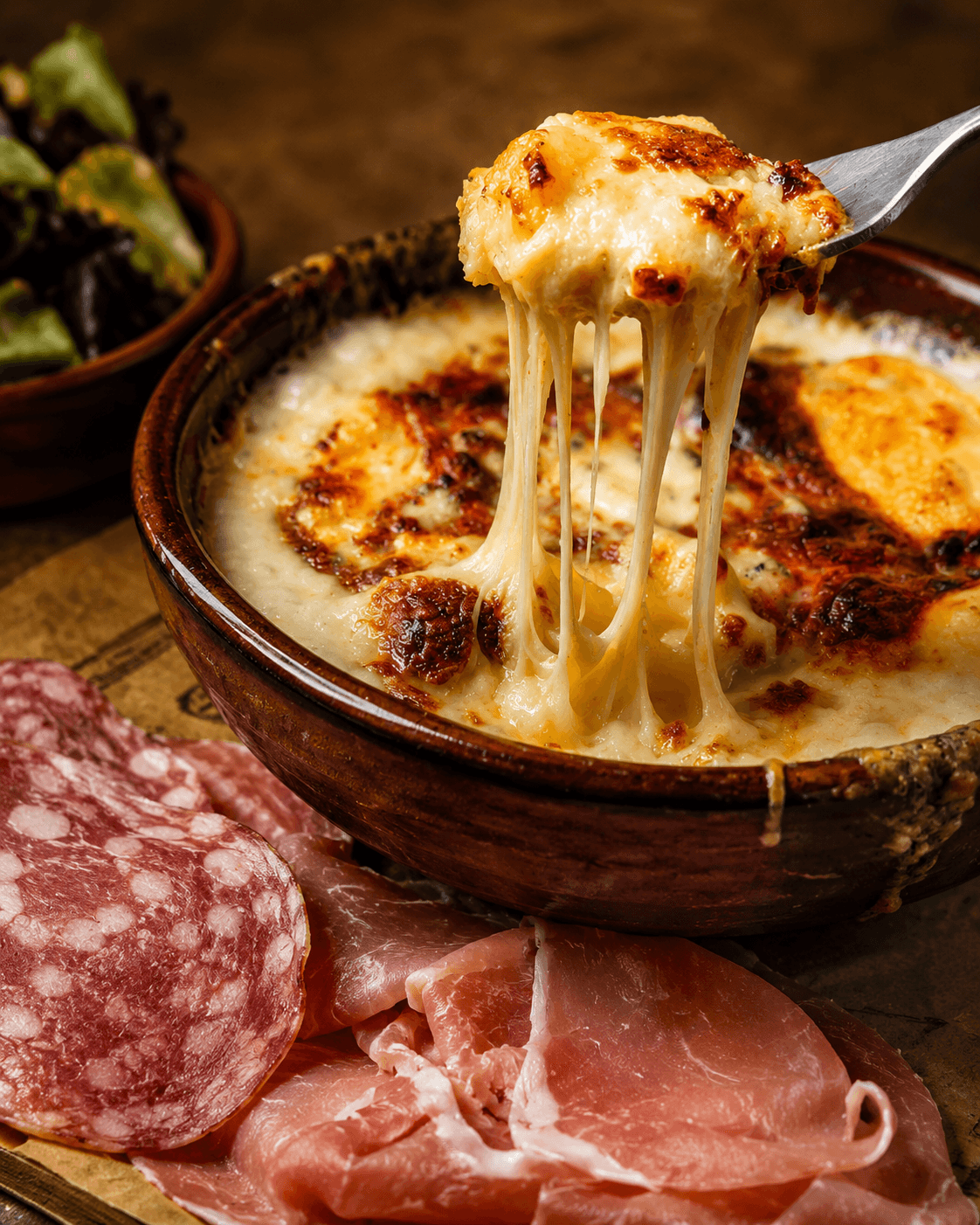 Truffade aux quatre fromages avec charcuterie auvergnate et fromage filant