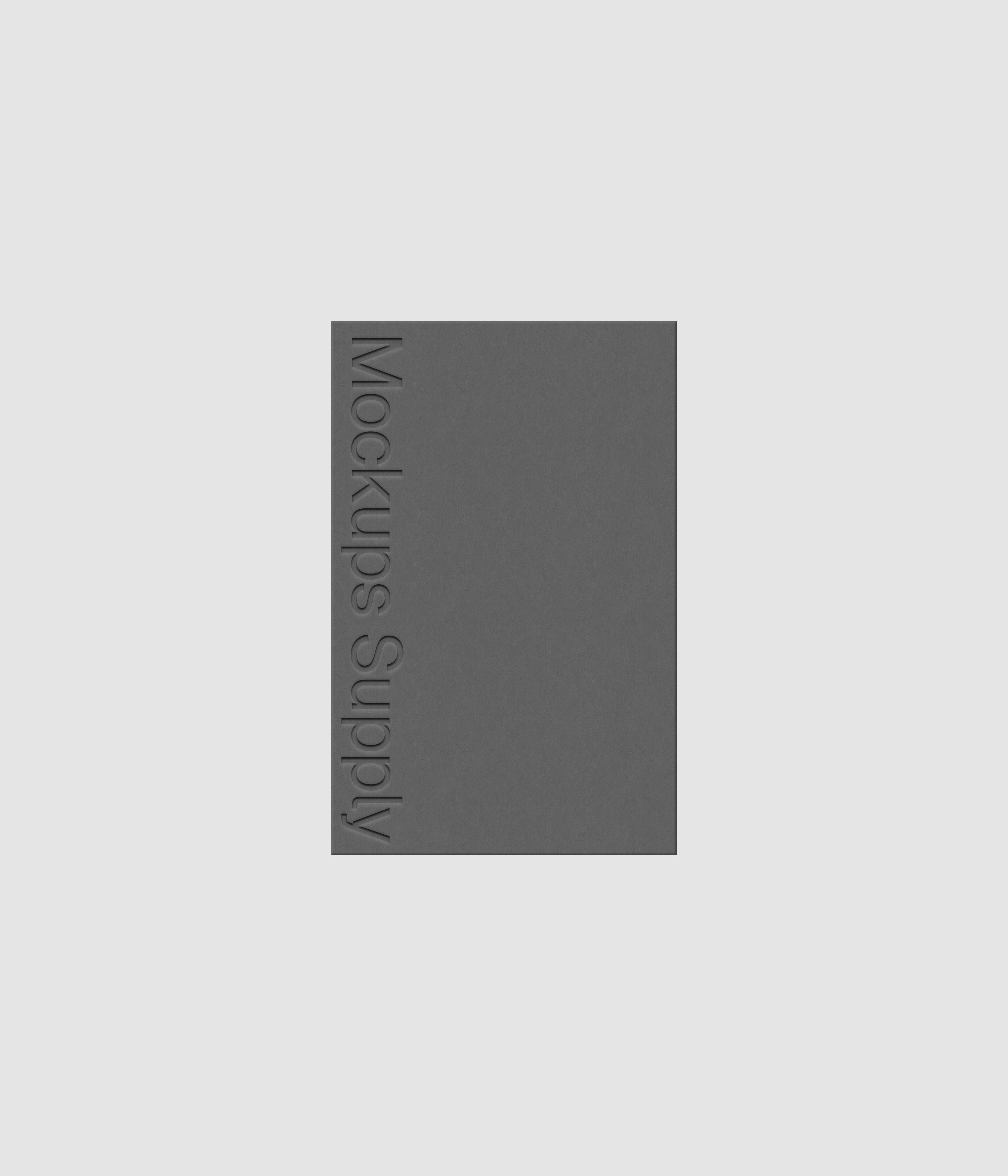 European business card mockup PSD portrait with debossed logo and soft shadow, gray card on white background, clean modern stationery mockup for brand identity