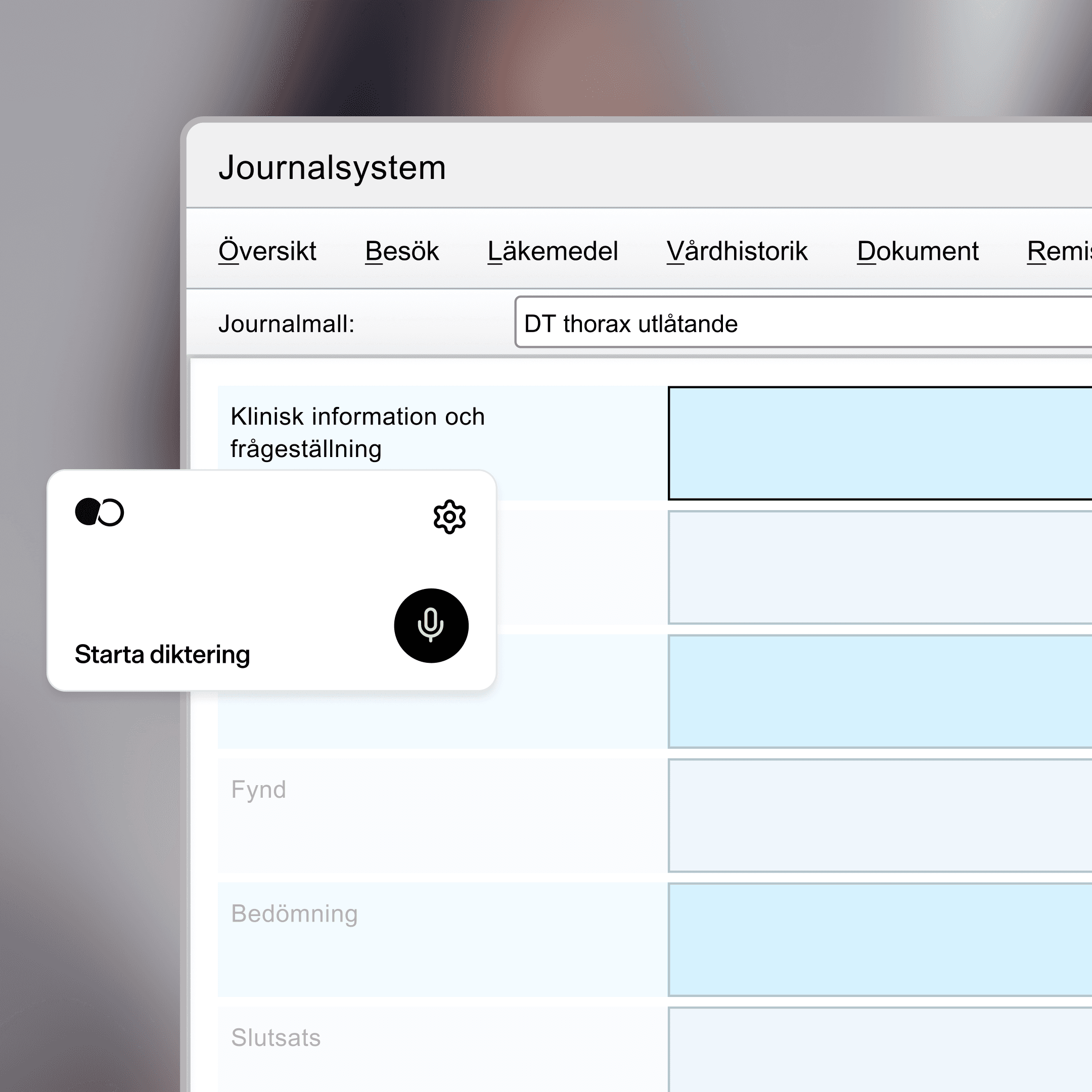 Tandems dikteringsfunktion som fyller i en kardiologisk mottagningsanteckning i ett journalsystem
