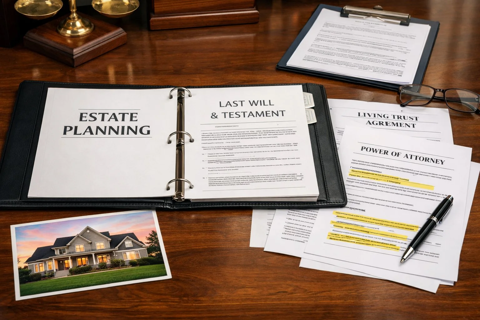 Open estate planning binder with organized legal documents, highlighted sections, a pen, and a property photo on a polished desk.