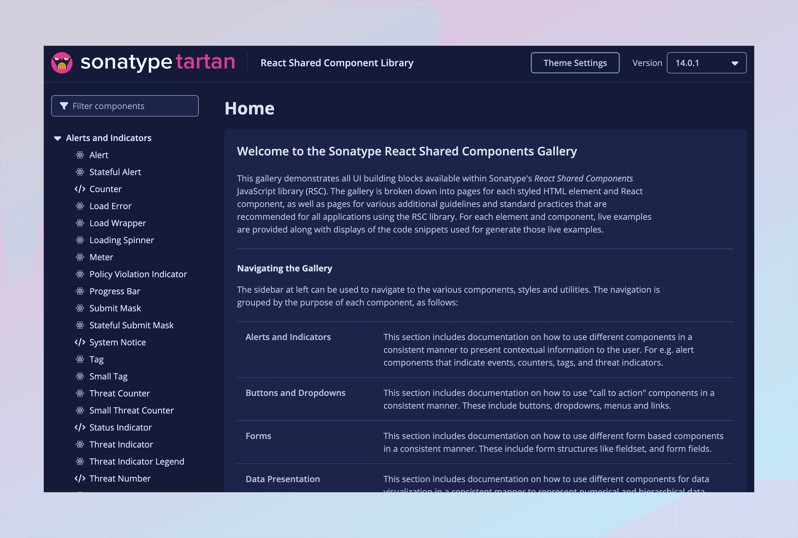 Sonatype Tartan react shared components library Home page in Dark Mode