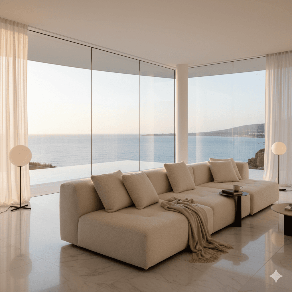 Minimalist luxury living room with a large sectional sofa and ocean-view windows
