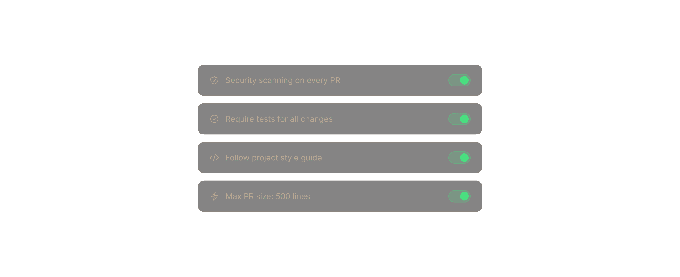 Guardrail settings panel with toggles for security scanning, required tests, style guide enforcement, and PR size limit