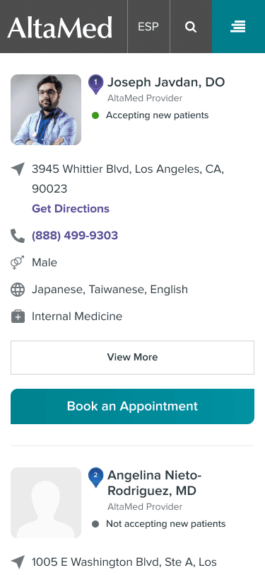 Altamed.org mobile site displaying provider search result information