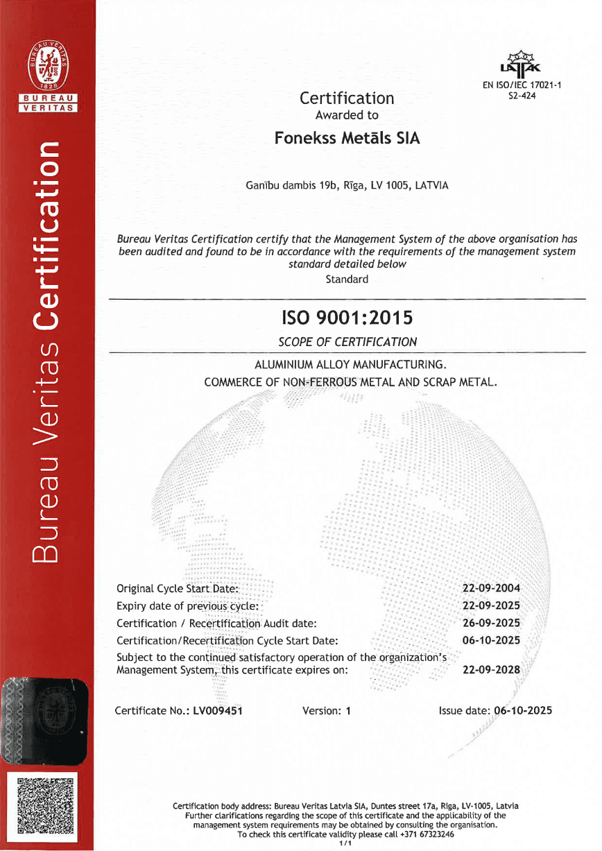 Fonekss Metāls certificate