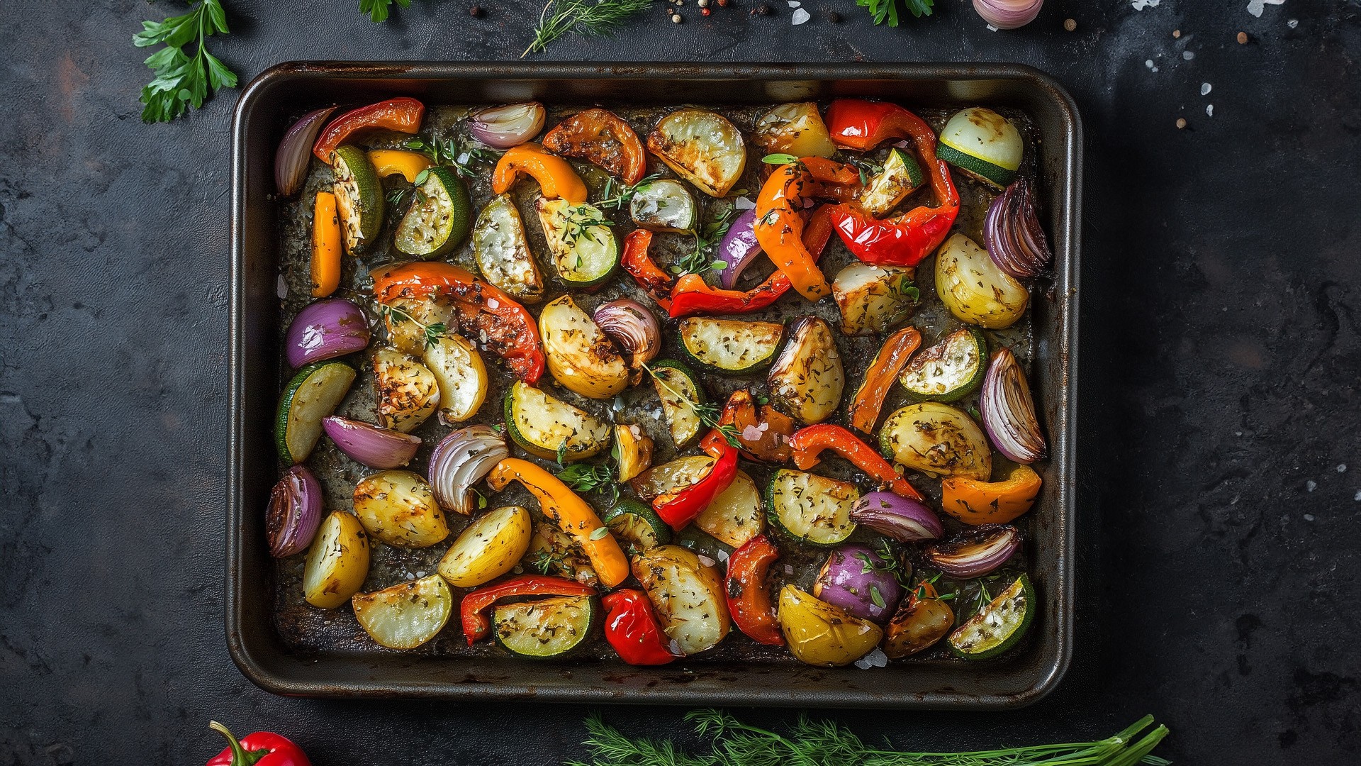 Ofengemüse auf einem Backblech mit Zucchini, Paprika und Zwiebeln, ideal für eine gesunde und kalorienarme Ernährung