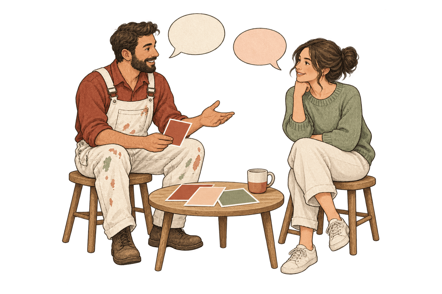 Illustration: Maler und Kundin besprechen die Farbwahl