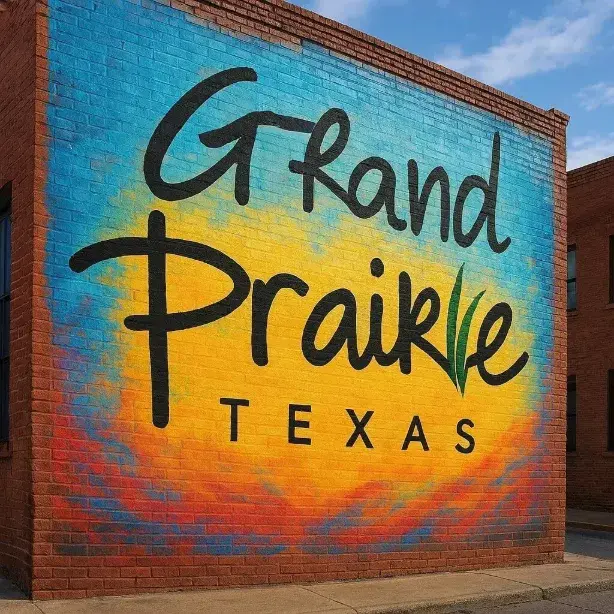 Photo of wall in downtown Grand Prarie with pool blue background