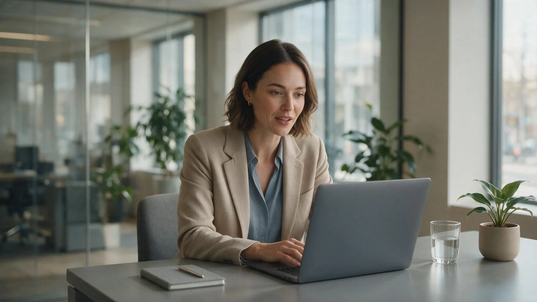 Professional woman having a video interview on her laptop in a modern office, representing AI-powered candidate screening for recruiters