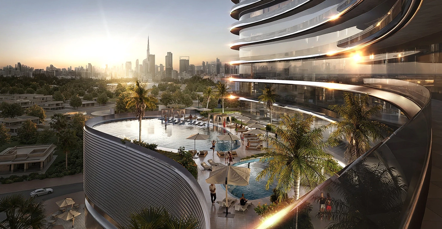 Resort pool deck at Binghatti Skyflame with Dubai skyline views. Contact our real estate agency for details.