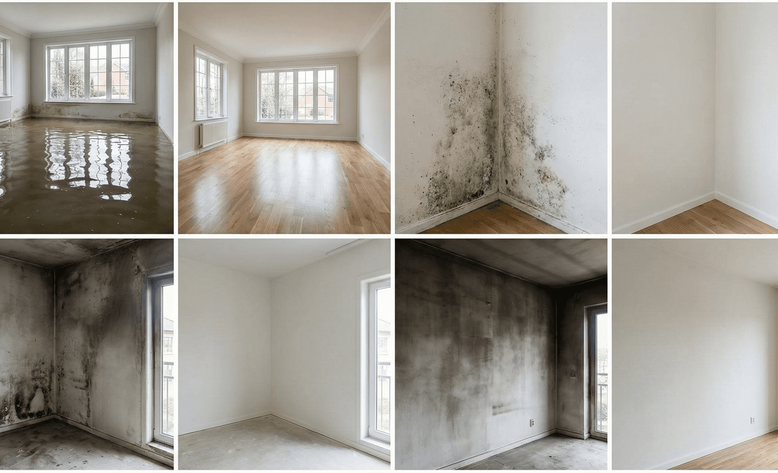 Flooded crawlspace with exposed insulation, pipes, and muddy ground