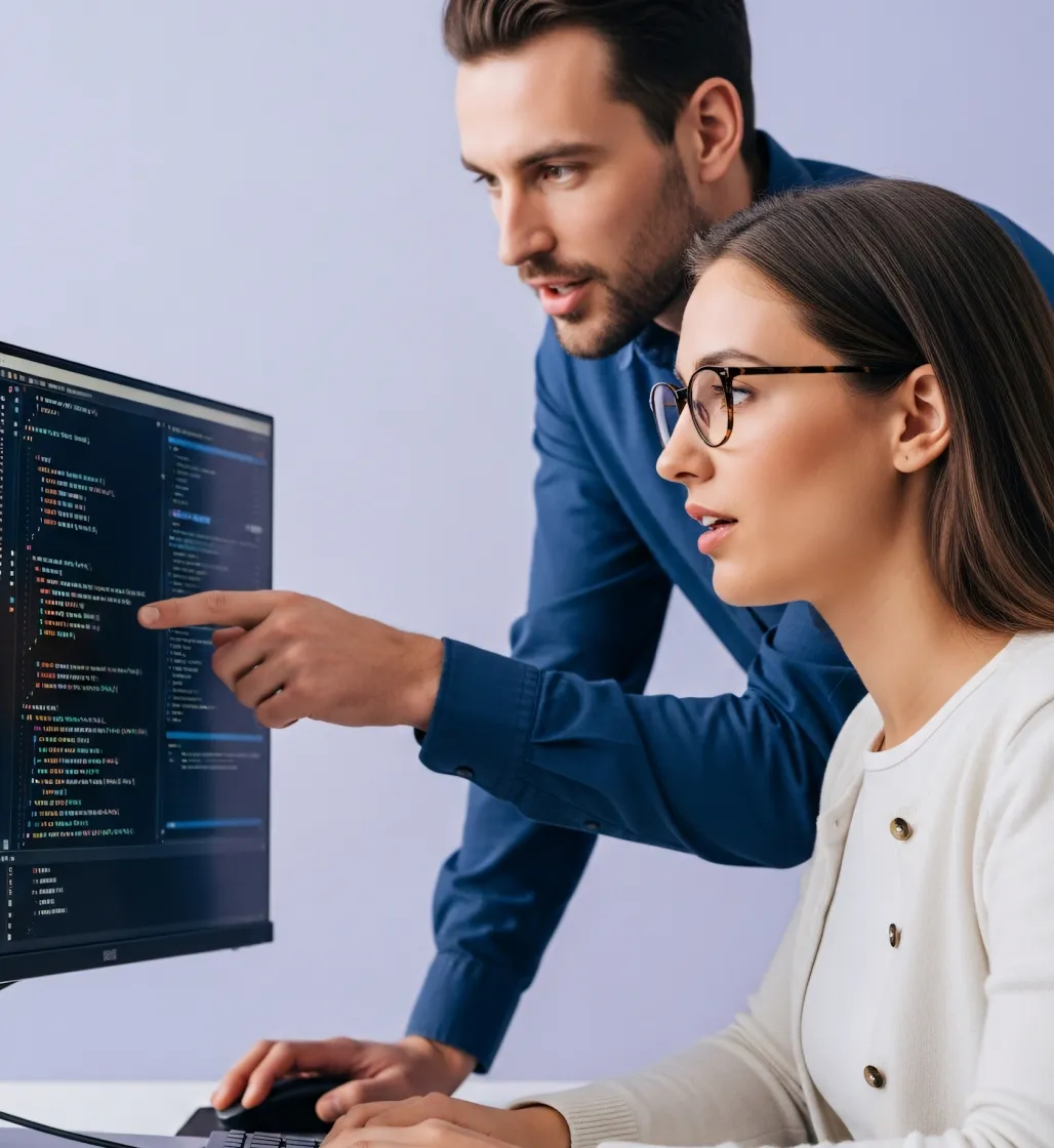 Two colleagues reviewing code together on a desktop monitor