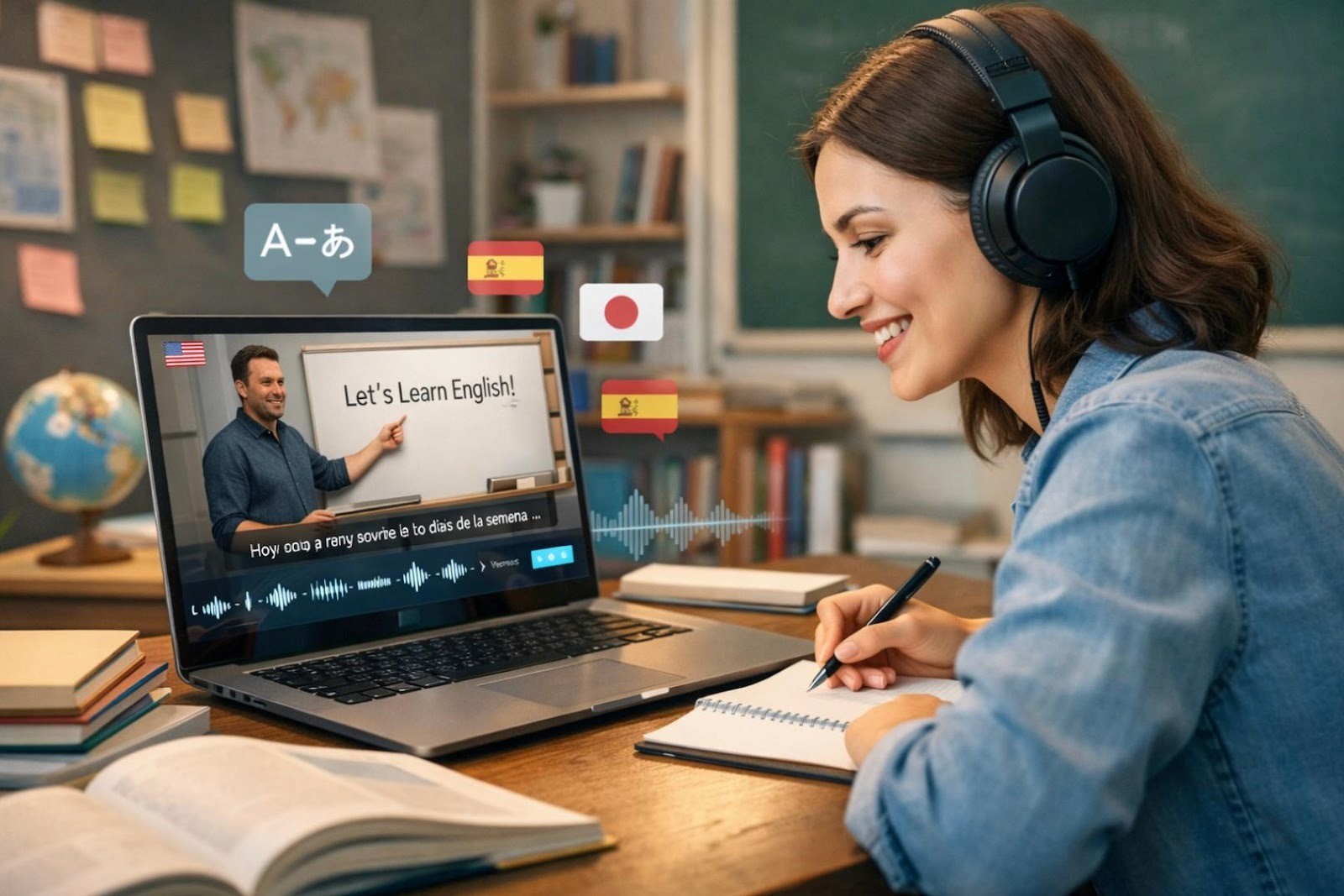 Automatic Dubbing interface visual showing multilingual video translation across US, UK, Spanish, German, and Japanese markets.