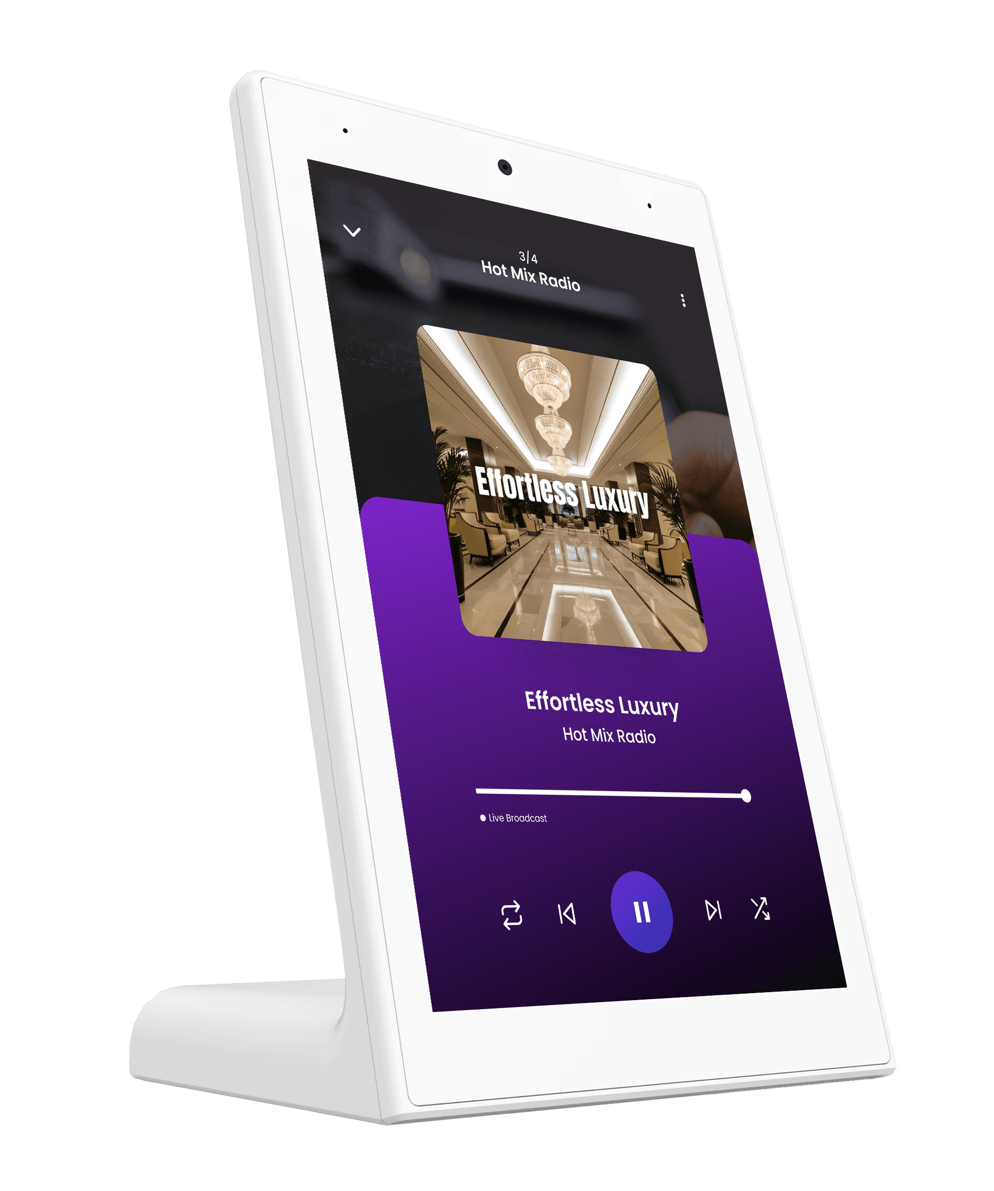 A white digital display showing a multimedia interface with various image thumbnails on screen.