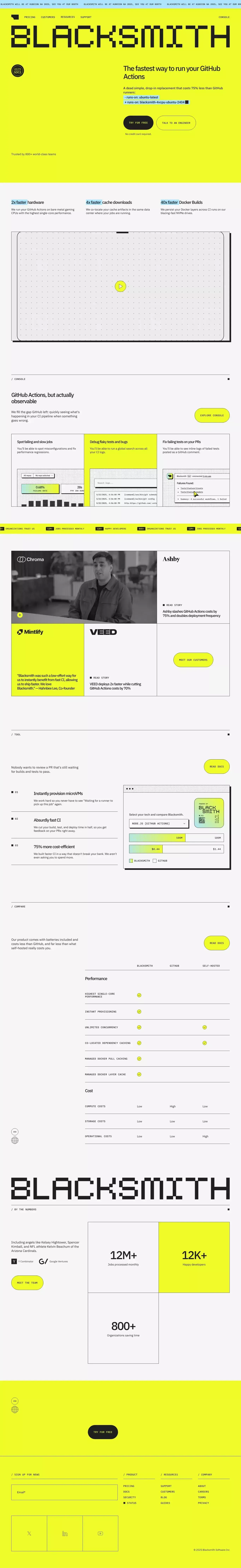 The Fastest Way to Run GitHub Actions landing page screenshot showcasing Tech design