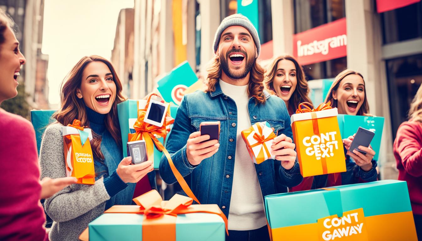 Show an image of a group of people holding their phones, excitedly looking at the screens while standing in a line. One person is holding a large gift box with the Instagram logo on it and handing out small gift bags to the others. In the background, show a colorful banner with the words "Contest and Giveaway Alert" written in bold letters. The overall mood should be fun and lively, with bright colors and a sense of anticipation and excitement.