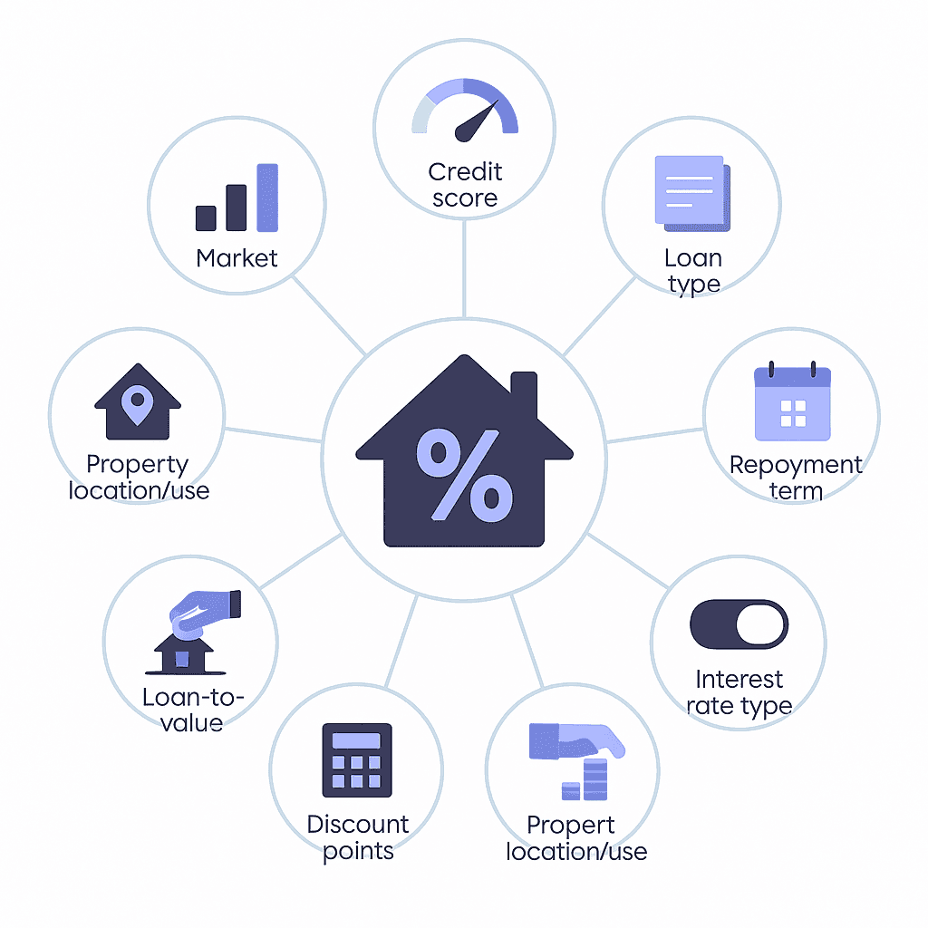 Radial infographic depicting eight key factors influencing mortgage interest rates for homebuyers