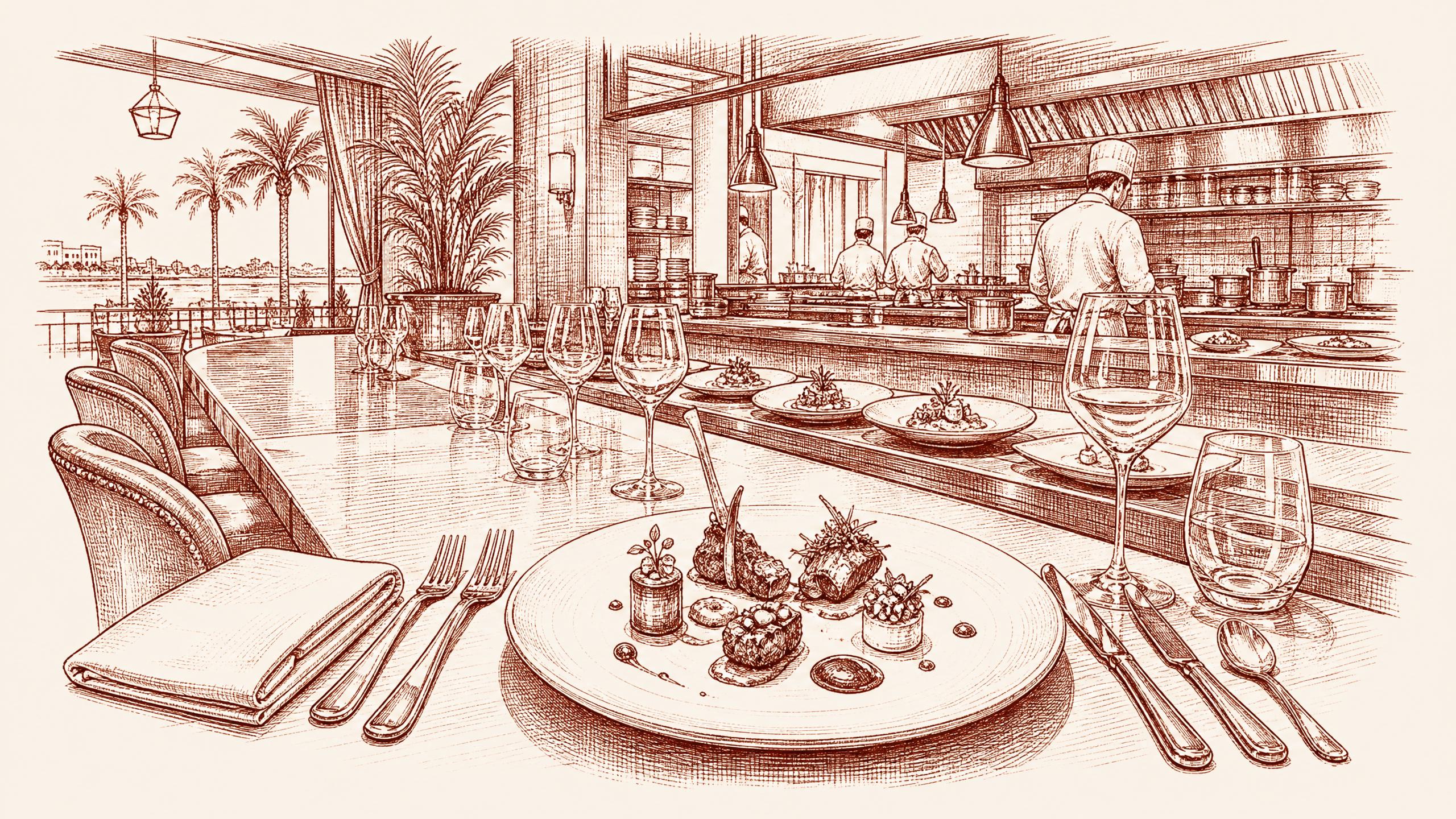 An intricately arranged tasting-course plate as the focal object at a chef counter, surrounded by polished, lunch in tampa