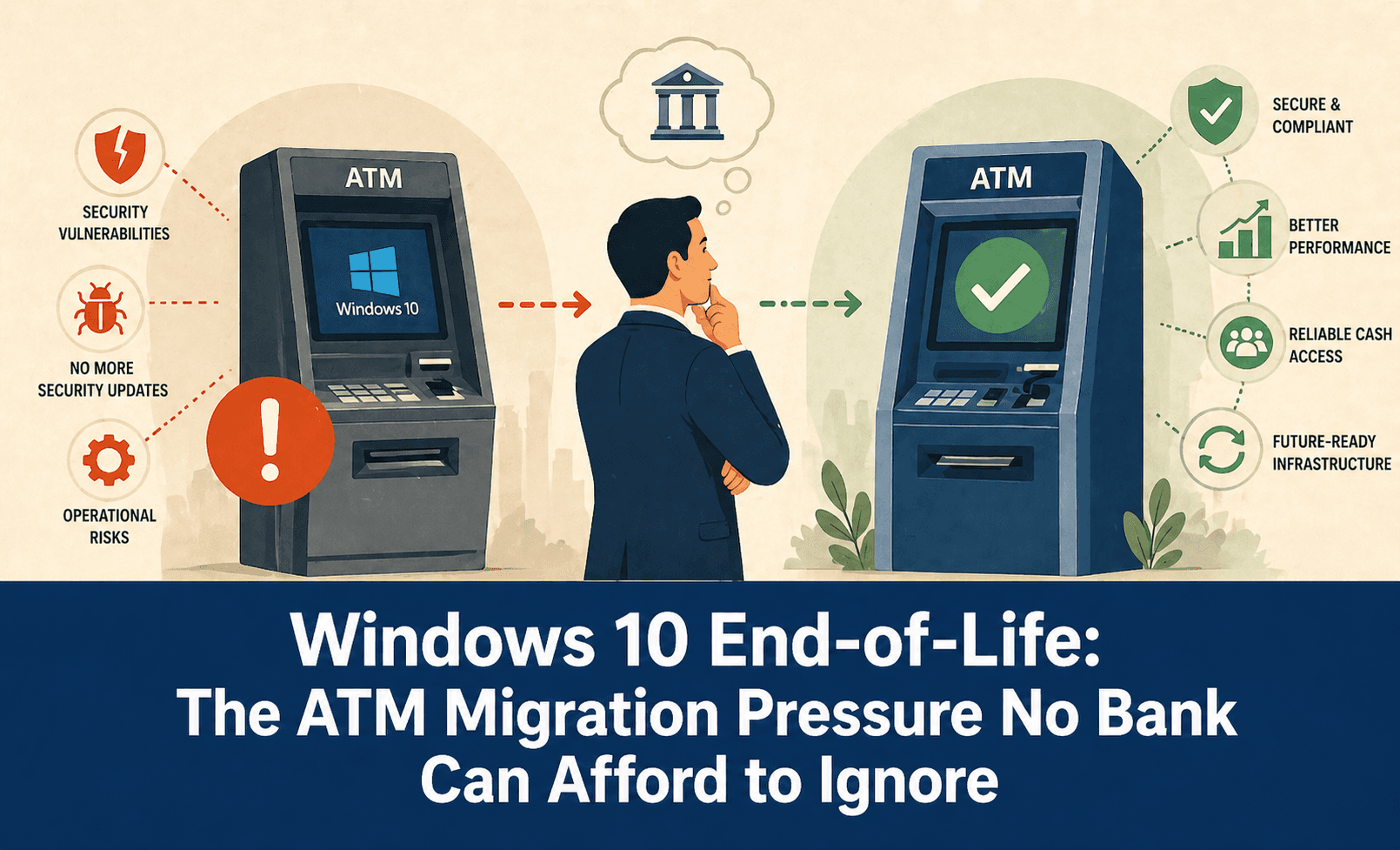 Flat-style digital illustration showing an outdated ATM on the left running Windows 10 with warning icons indicating security vulnerabilities, lack of updates, and operational risks. In the center, a person is thinking about the transition. On the right, a modern ATM displays a green checkmark, surrounded by icons representing improved security, better performance, reliable cash access, and future-ready infrastructure. The background is light beige with warm orange and cool blue tones, and a solid navy-blue bar at the bottom displays the blog title in bold white text: ‘Windows 10 End-of-Life: The ATM Migration Pressure No Bank Can Afford to Ignore’.