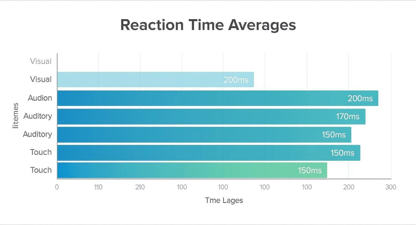 Horizontal bar chart displaying average human reaction times across different sensory modalities: visual, auditory, and touch.