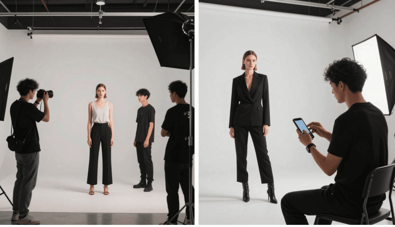Comparison framework showing traditional fashion creative production alongside AI-led creative approaches