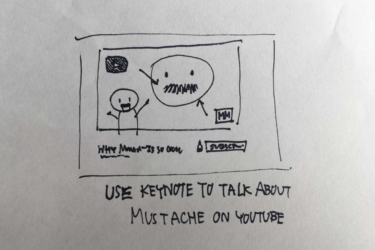 A stick figure doodle of a guy who uses Keynote to talk about mustaches on YouTube