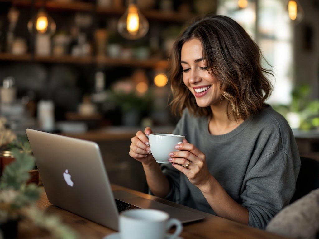 Woman smiling while looking at her laptop and holding a cup of coffee