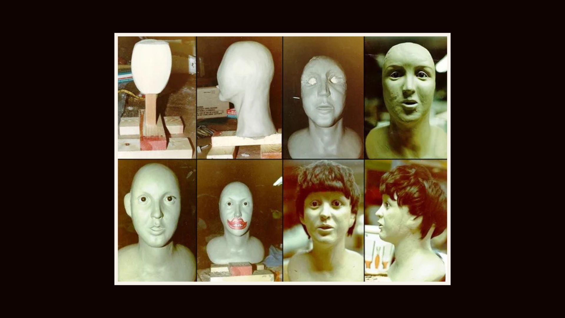 Images of the creation of Private paul. There is a series of 8 images that start as the underneath structure that slowly turns into a more realistic interpretation of Paul McCartney.