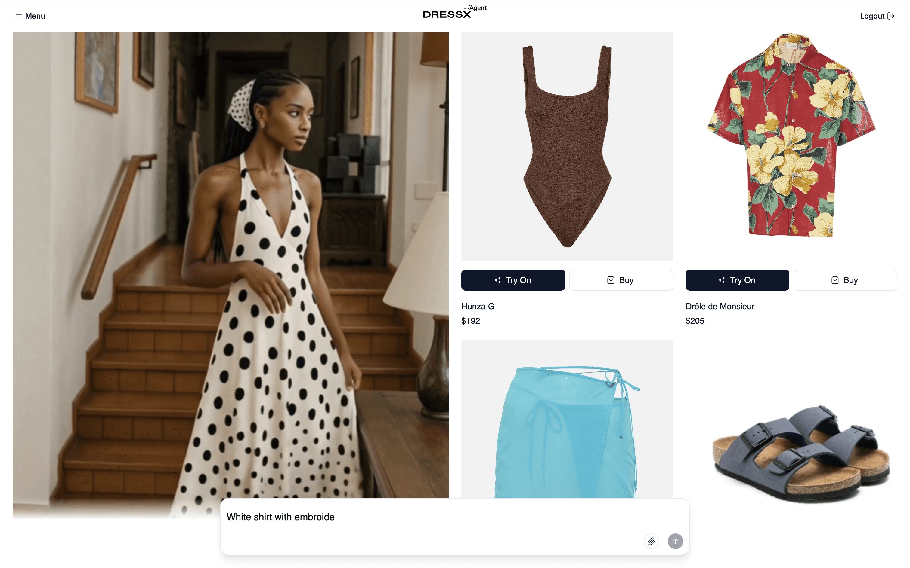 DRESSX Agent interface showing AI-powered virtual try-on options for luxury fashion items