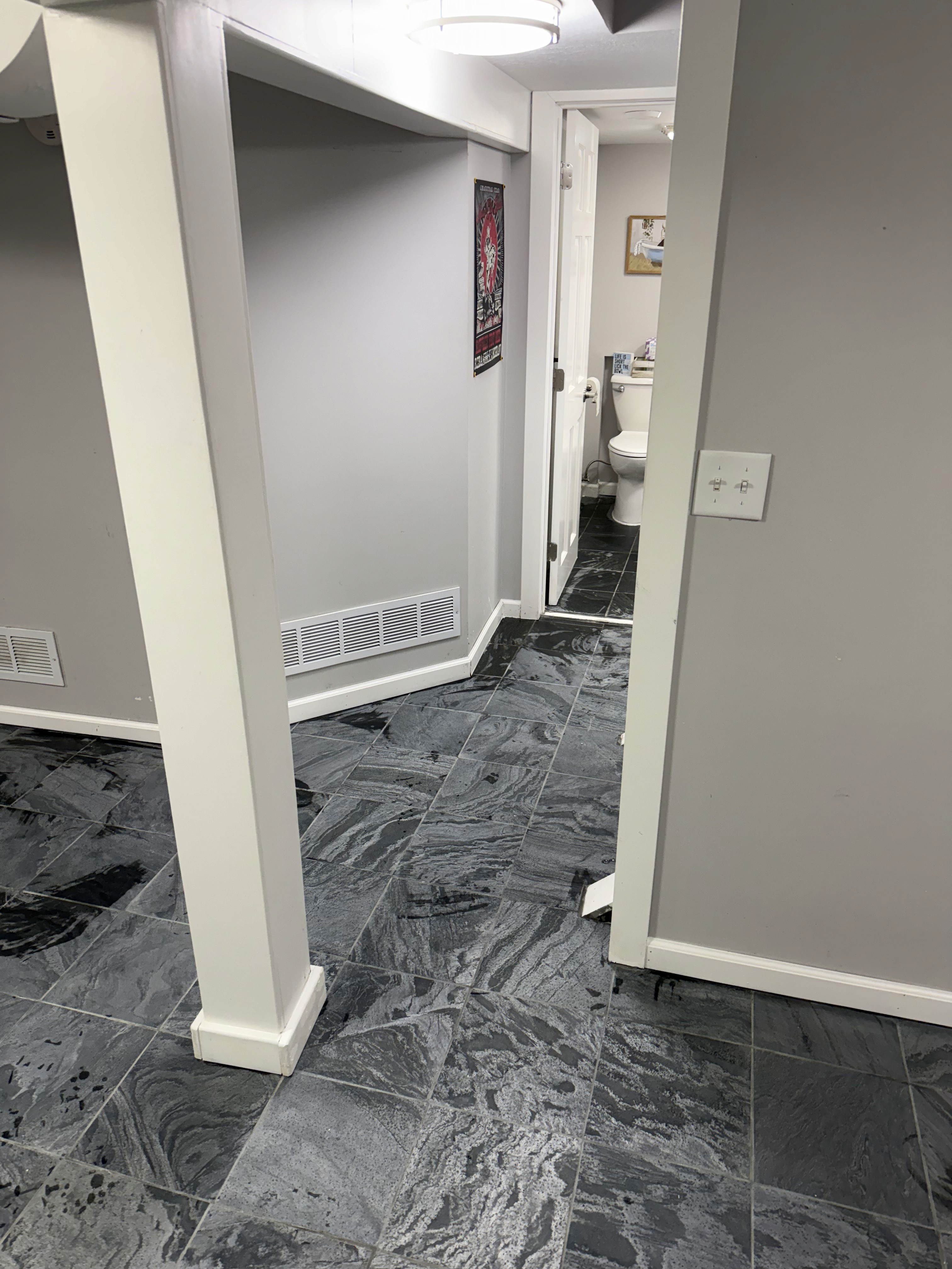 honed quartzite tile in basement floor