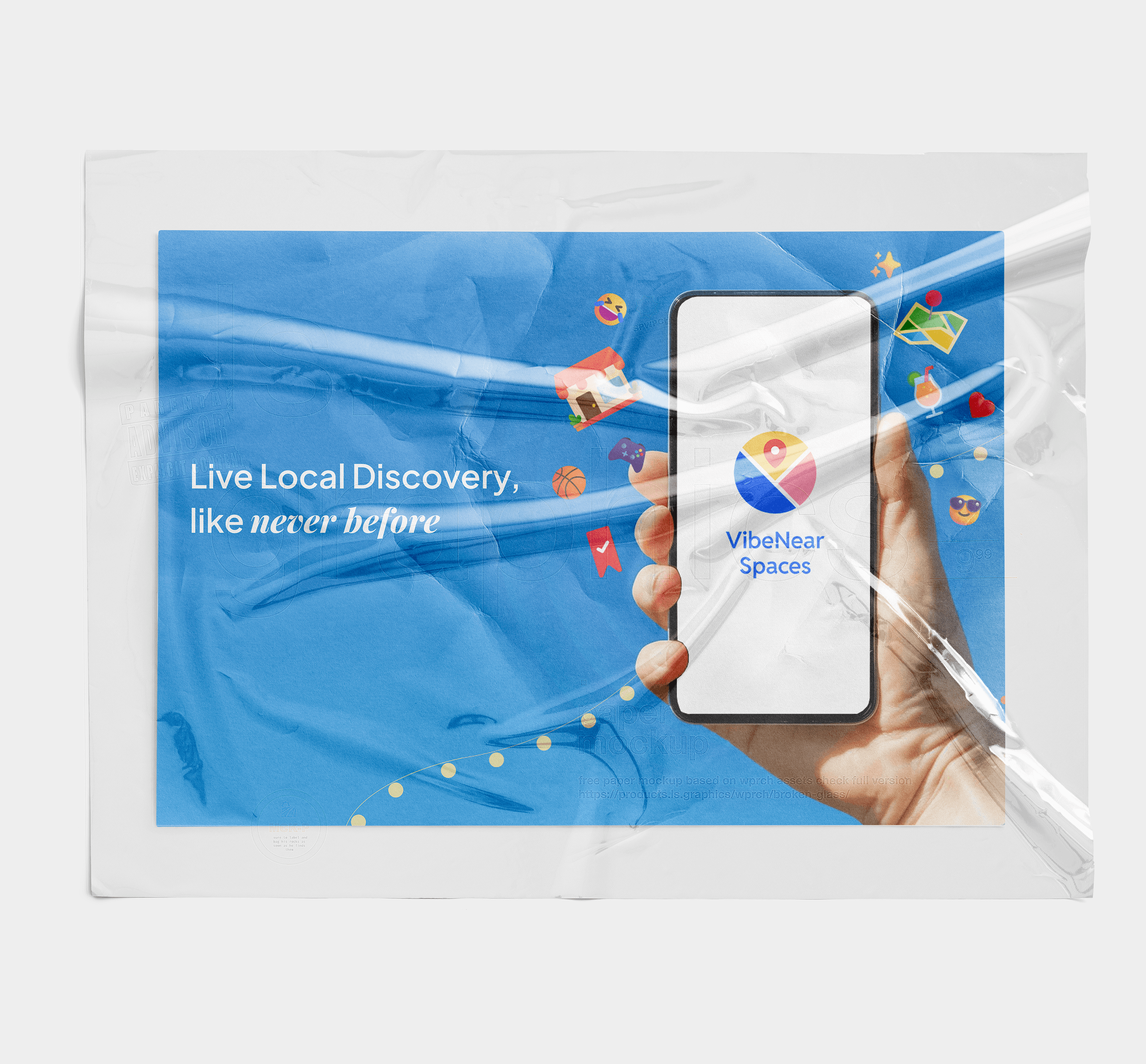 A hand holds a smartphone displaying the "VibeNear Spaces" logo against a background of a blue, poster-like design featuring colorful icons and the phrase "Live Local Discovery, like never before," evoking themes of connectivity and innovation.