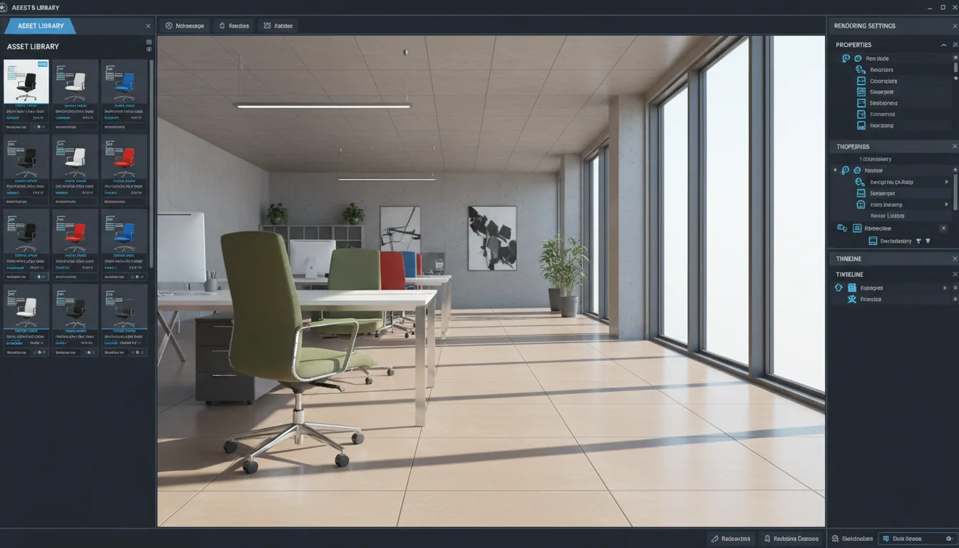 Screenshot of 3D rendering software with a Modern Dark Mode UI. A vertical asset library panel on the left displays a grid of office chair thumbnails with abstracted text lines and UI elements. The main view is a photorealistic 3D render of a modern office space with a light brown tiled floor, illuminated by bright natural daylight creating strong, hard-edged shadows. In the foreground, an olive green office chair with a chrome wheeled base sits next to a white table.
