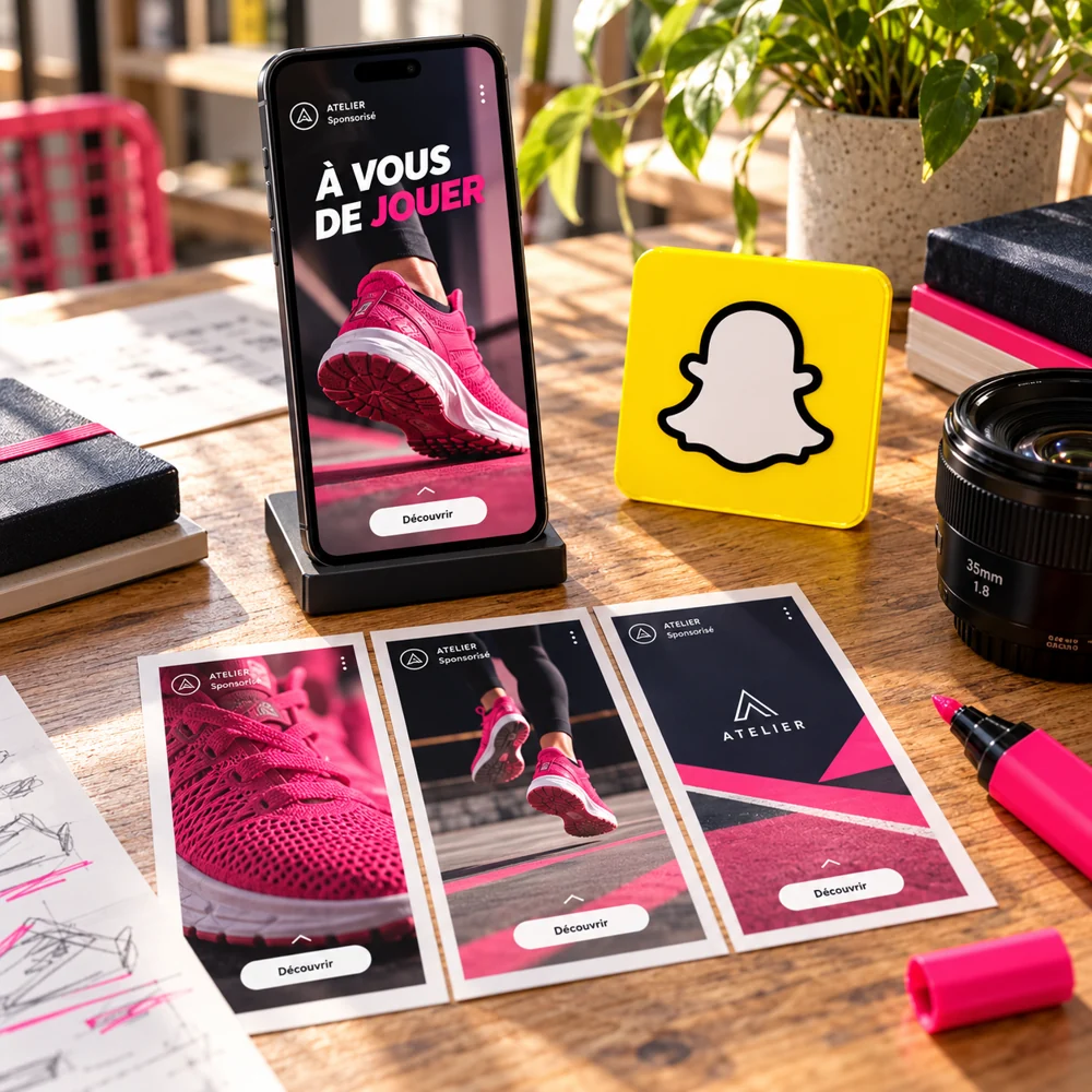 Une publicité Snapchat verticale sur smartphone et ses déclinaisons imprimées, préparées sur une table de création.