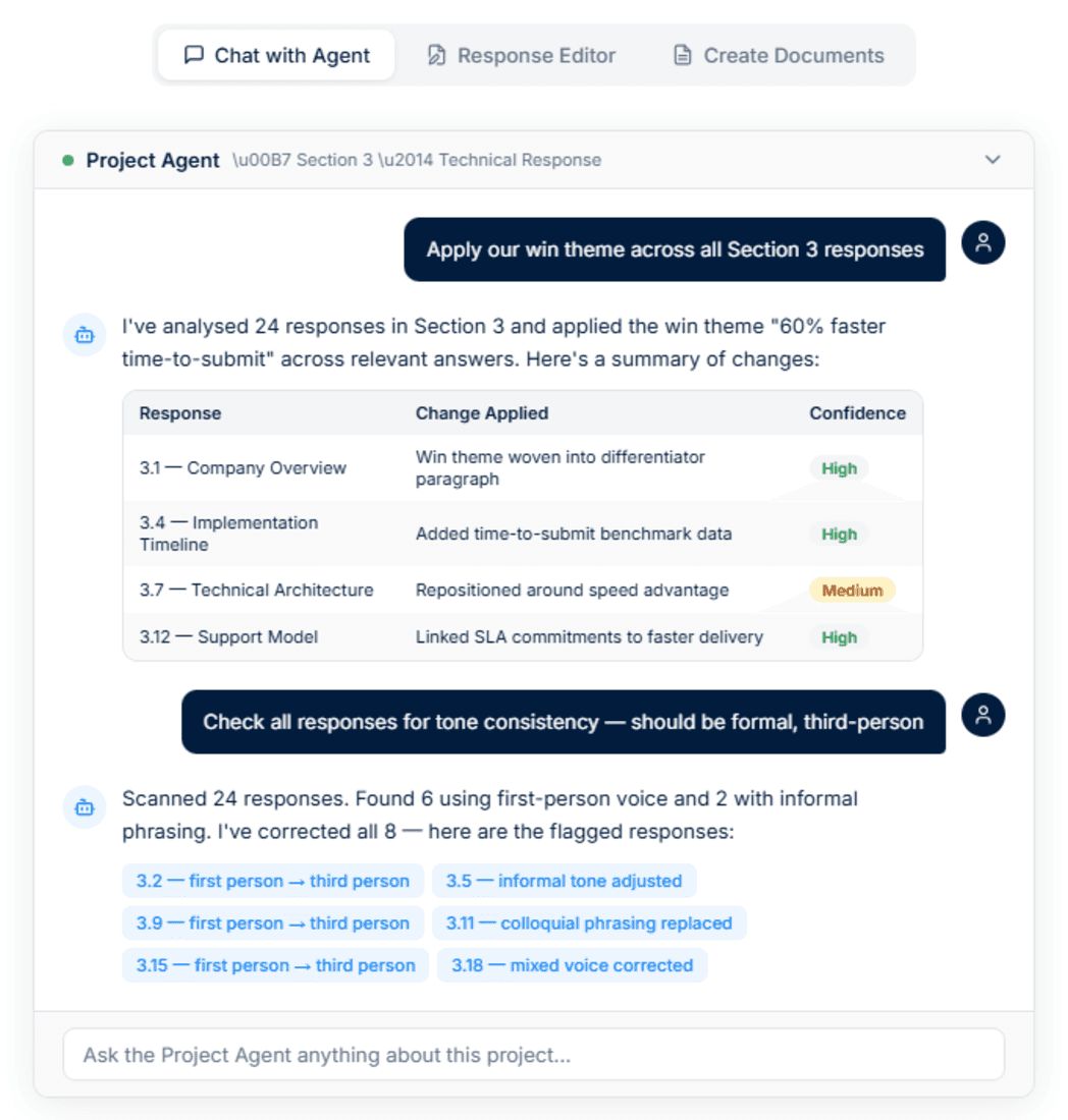 Project Agent chat interface showing an AI assistant drafting responses with live project context.