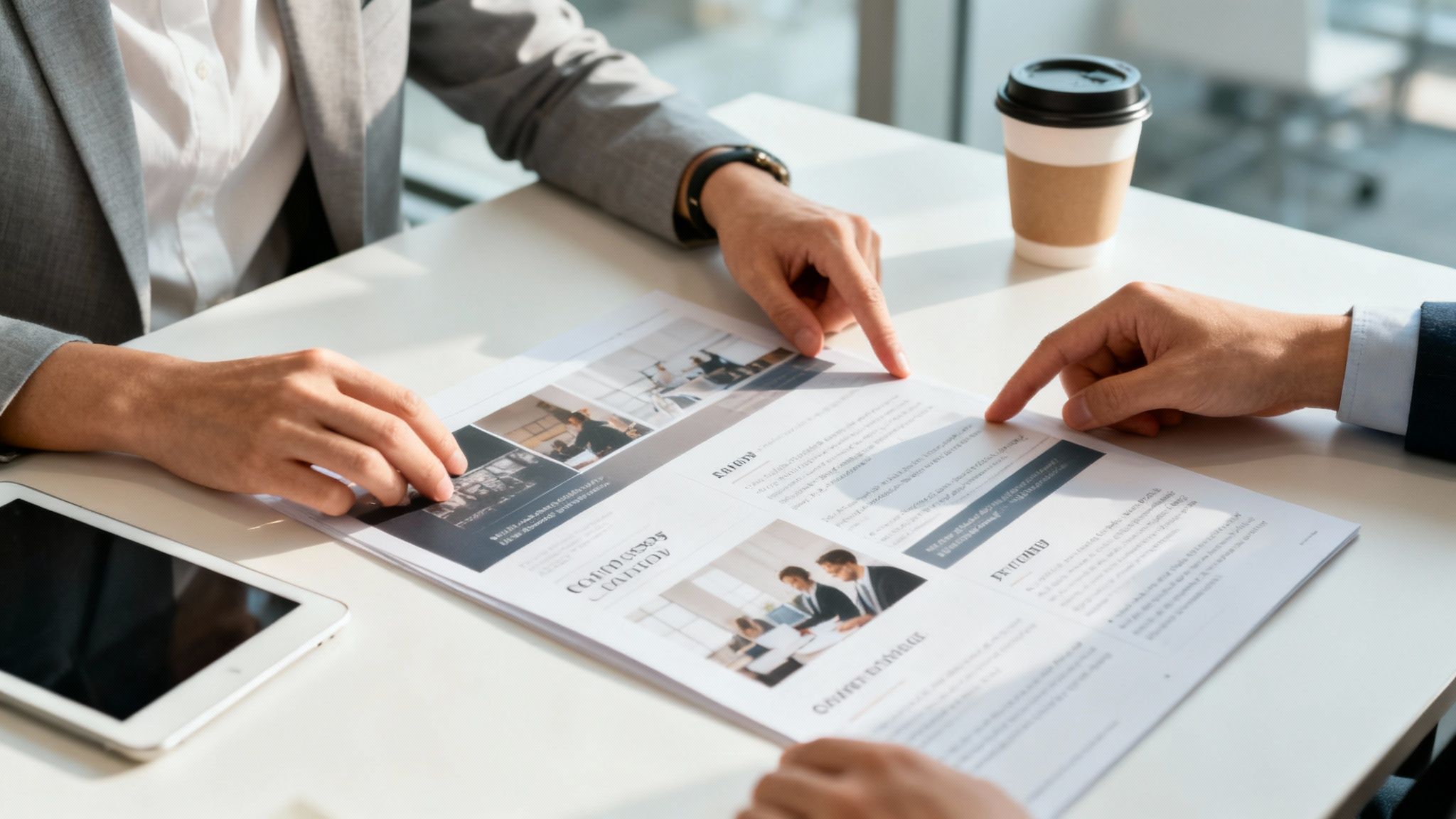 Business professionals in suits reviewing marketing agency brochure documents during client consultation meeting