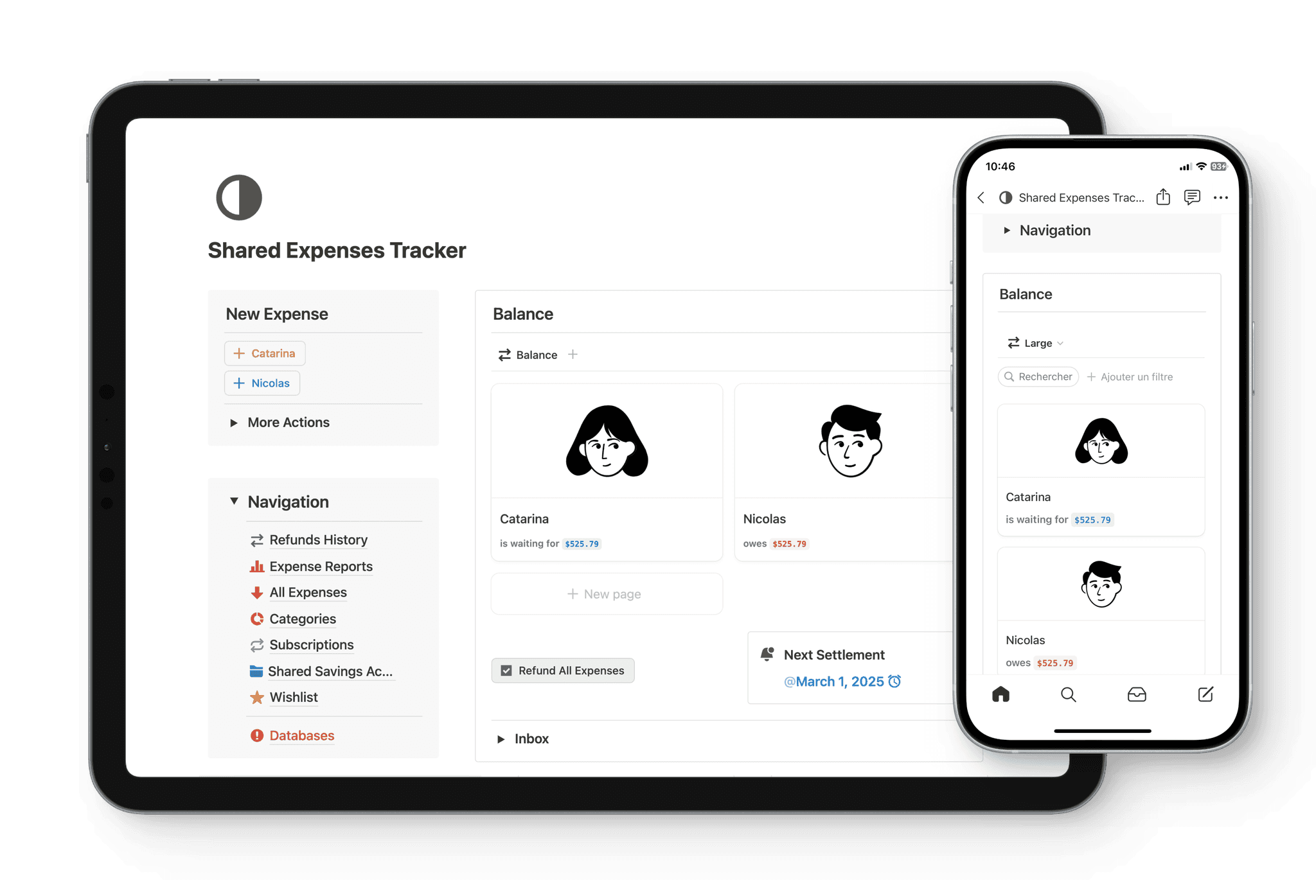 An iPad and an iPhone both showing the homepage of the Shared Expenses Tracker Notion template