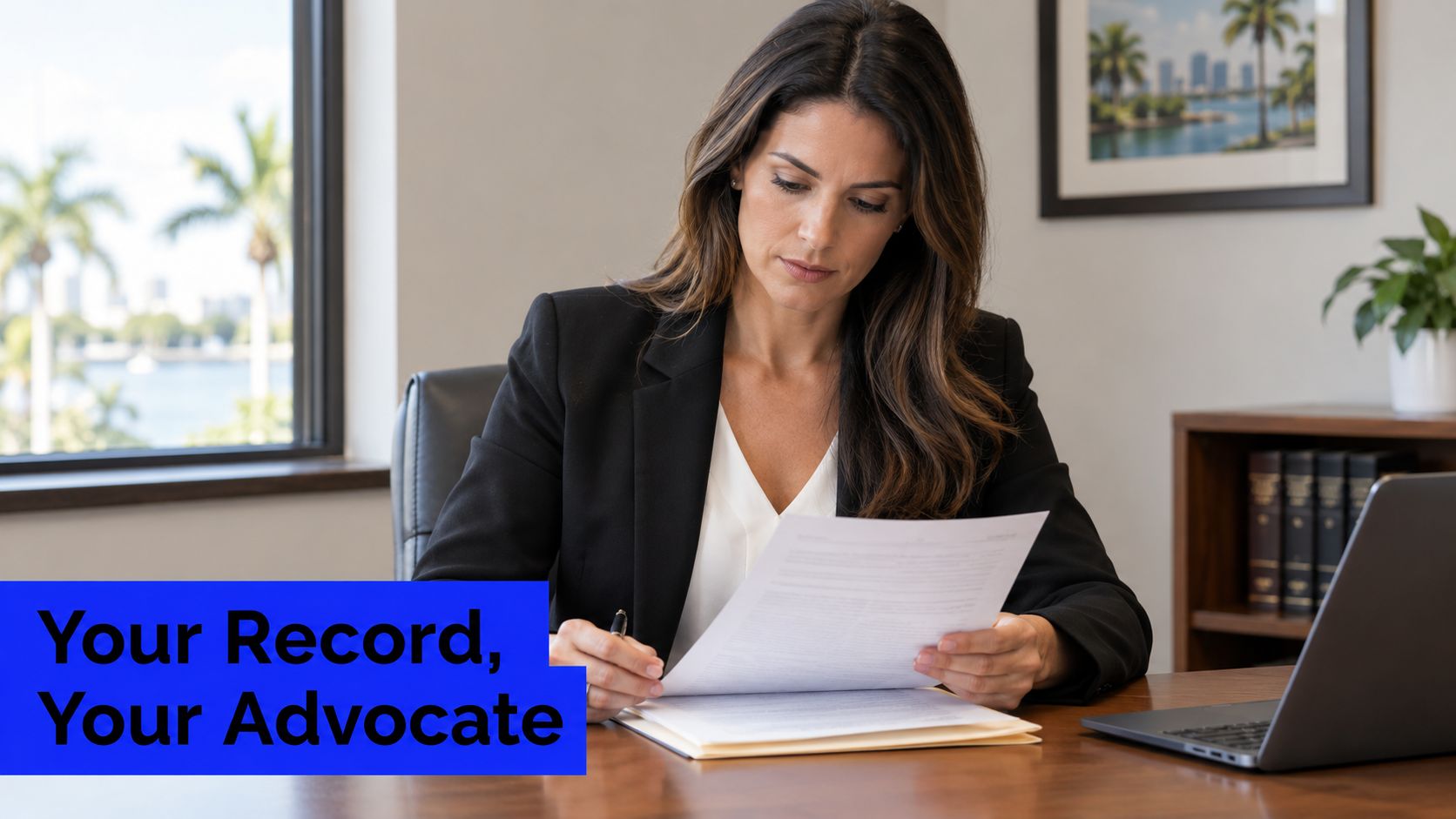 A professional woman in a black blazer reading legal documents at an office desk with a view.