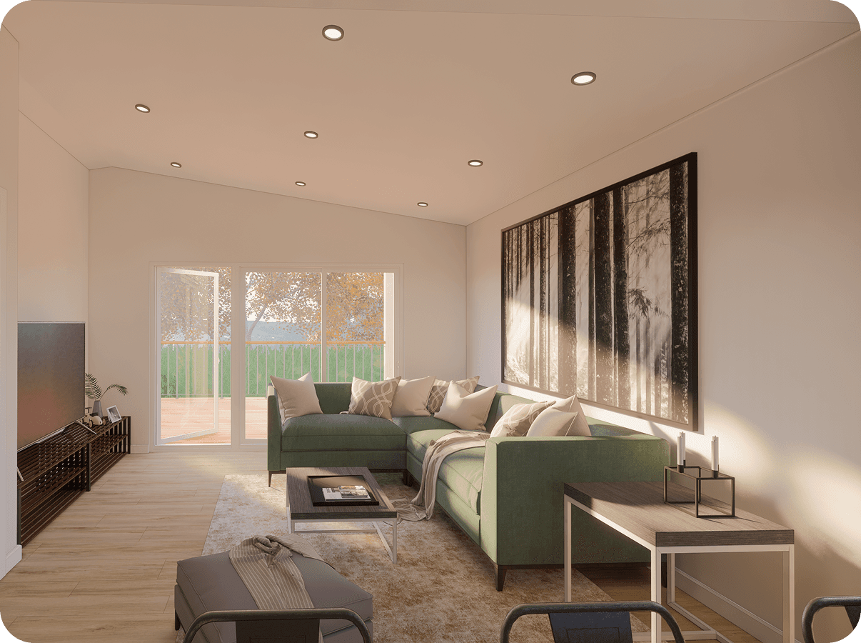 Modern living room with a green couch, large windows, and natural light streaming in. Minimalist decor.