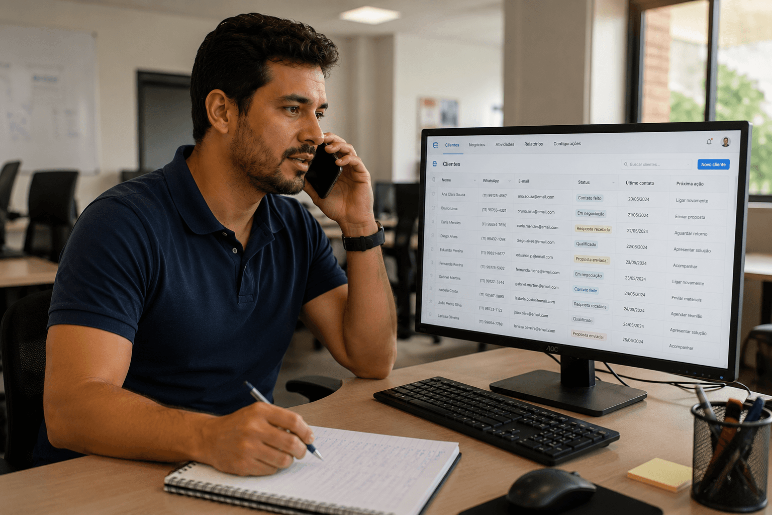 Homem de polo azul falando ao telefone enquanto visualiza lista de clientes e status de negociação em CRM aberto no monitor de escritório