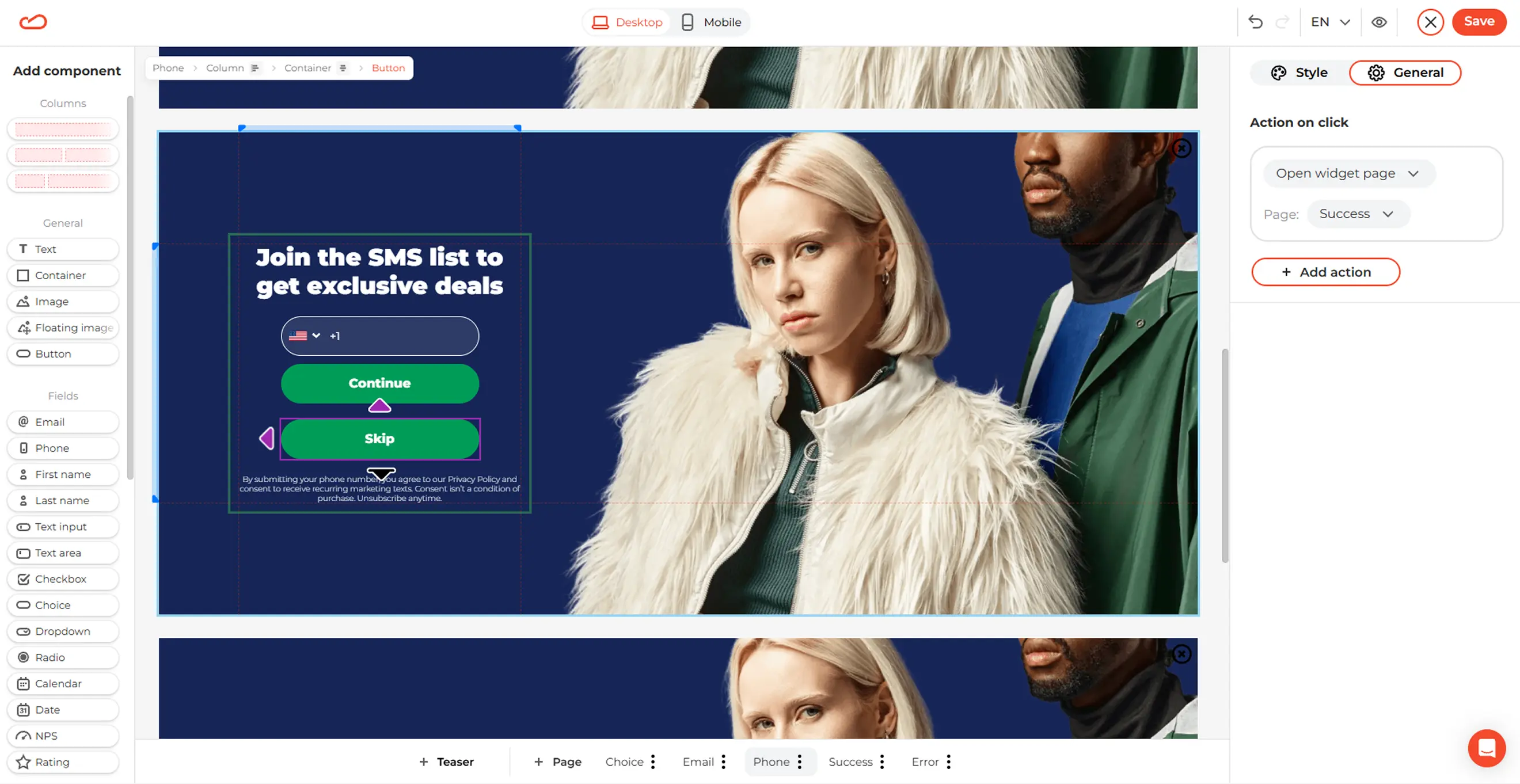 Claspo editor showing the button settings for a multi-step fashion popup
