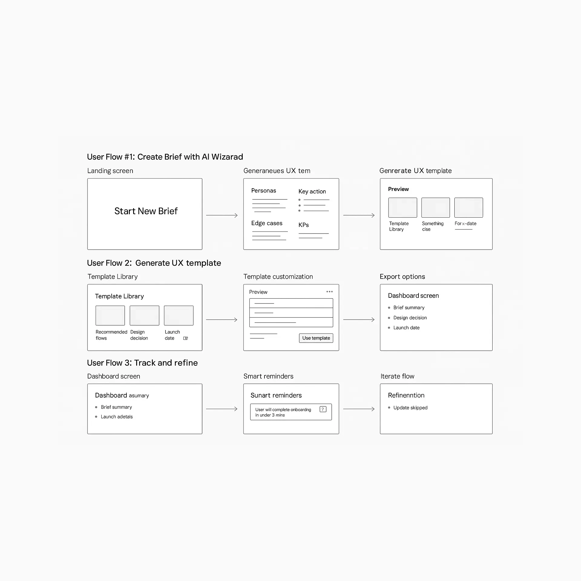 Wireframes visualizing the core flow of the BrieflyUX AI Research Copilot. The diagram maps the unified workflow, showing the process from creating a brief with an AI wizard to generating UX templates and tracking insights on the dashboard.