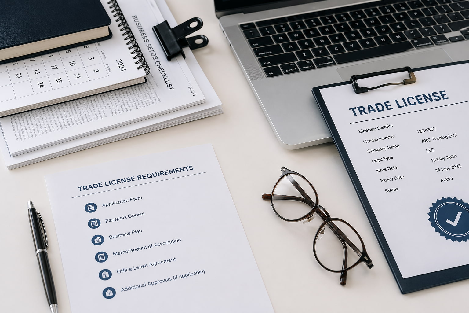 Trade licence paperwork and business records arranged on a desk during a company verification process.