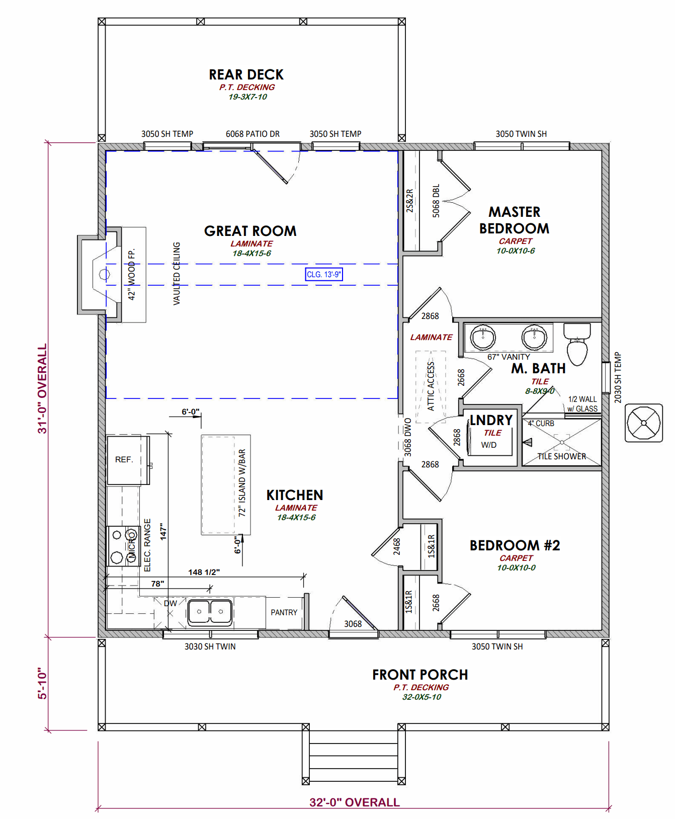 2 bed, 1 bath custom home floorplan
