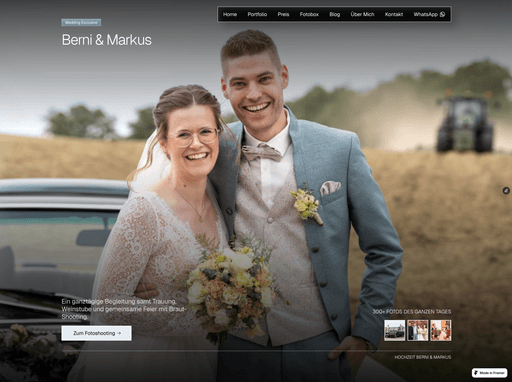 Screenshot einer Website für FoTobias Huber mit einem jungen Brautpaar