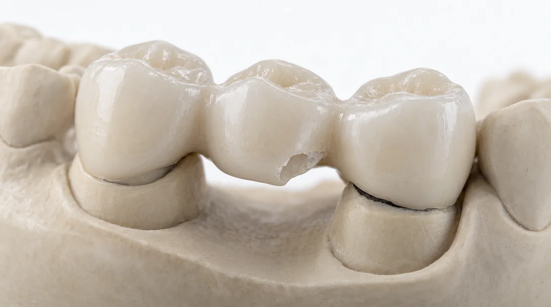 Ponte dentale con scheggiatura e infiltrazione sotto il dente pilastro