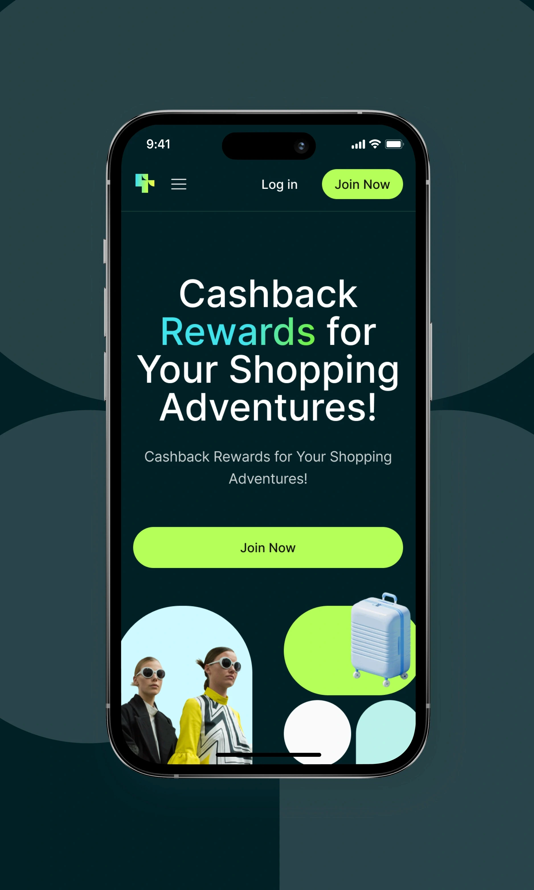 ReloadRewards mobile app interface showcasing a promotional screen with the text 'Cashback Rewards for Your Shopping Adventures!' displayed prominently. The screen includes a 'Join Now' button and visuals of stylishly dressed individuals and a modern suitcase, emphasizing the app’s focus on rewarding shopping experiences.