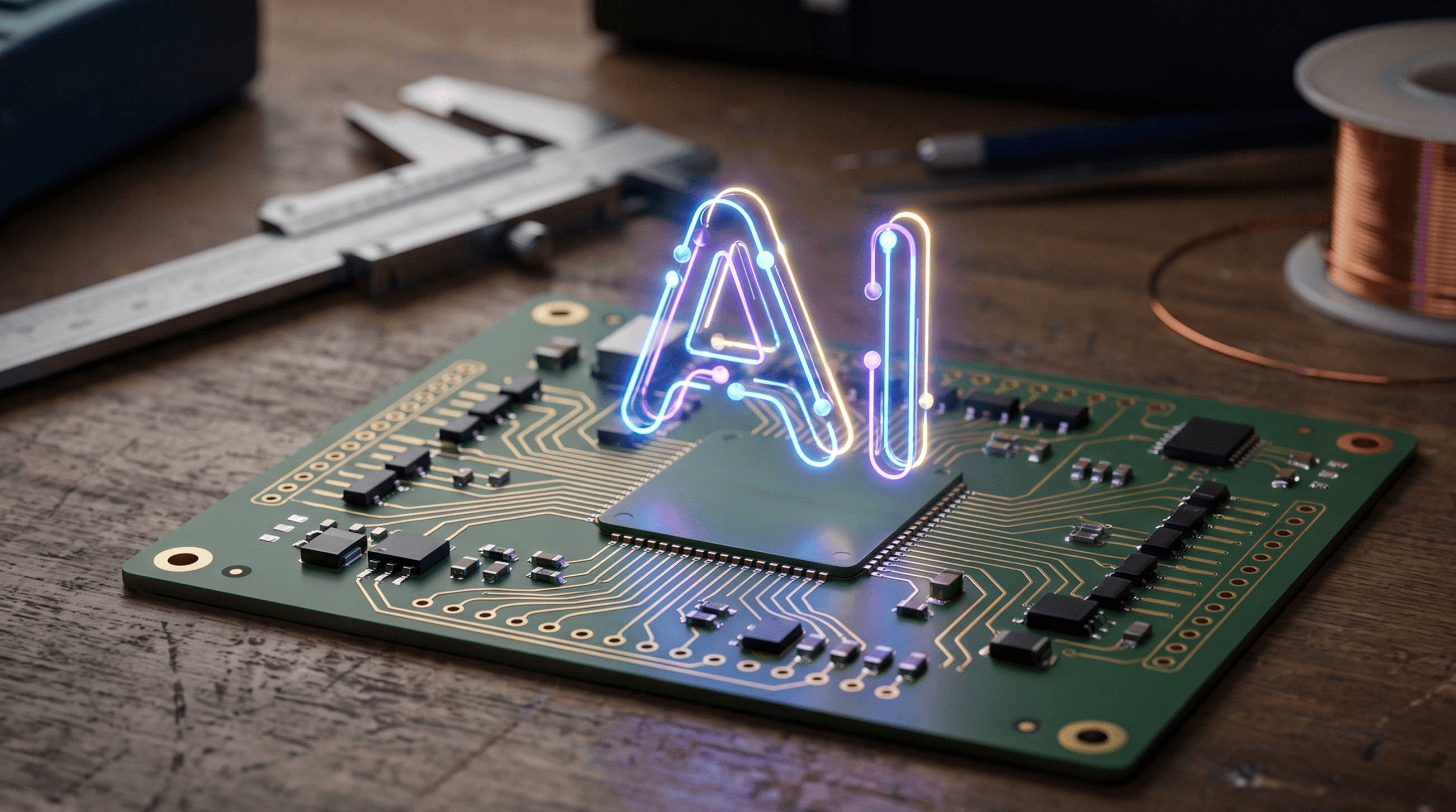 우드 작업대 위에 놓인 녹색 PCB 위로 네온 빛의 'AI' 글자가 입체적으로 떠 있는 모습