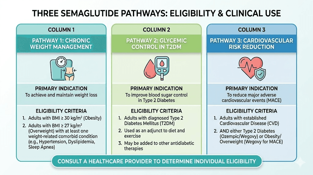 Wegovy vs Ozempic vs compounded semaglutide eligibility comparison chart